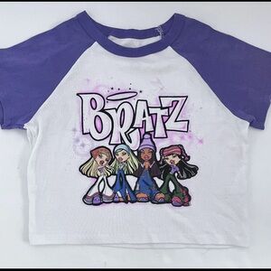 Bratz T-Shirt Girls Large White Purple Ringer Short Sleeve Cropped Graphics